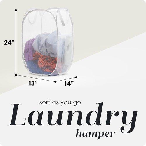 Handy Laundry Collapsible Mesh Pop-Up Hamper - 2-Pack, Space-Saving Design with Side Pocket, Breathable & Durable (White)