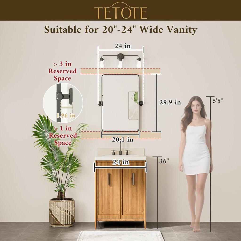 TETOTE Pivot Mirror - 20 x 30 Matte Black Rectangle Vanity Mirror | Adjustable Tilting Beveled Glass