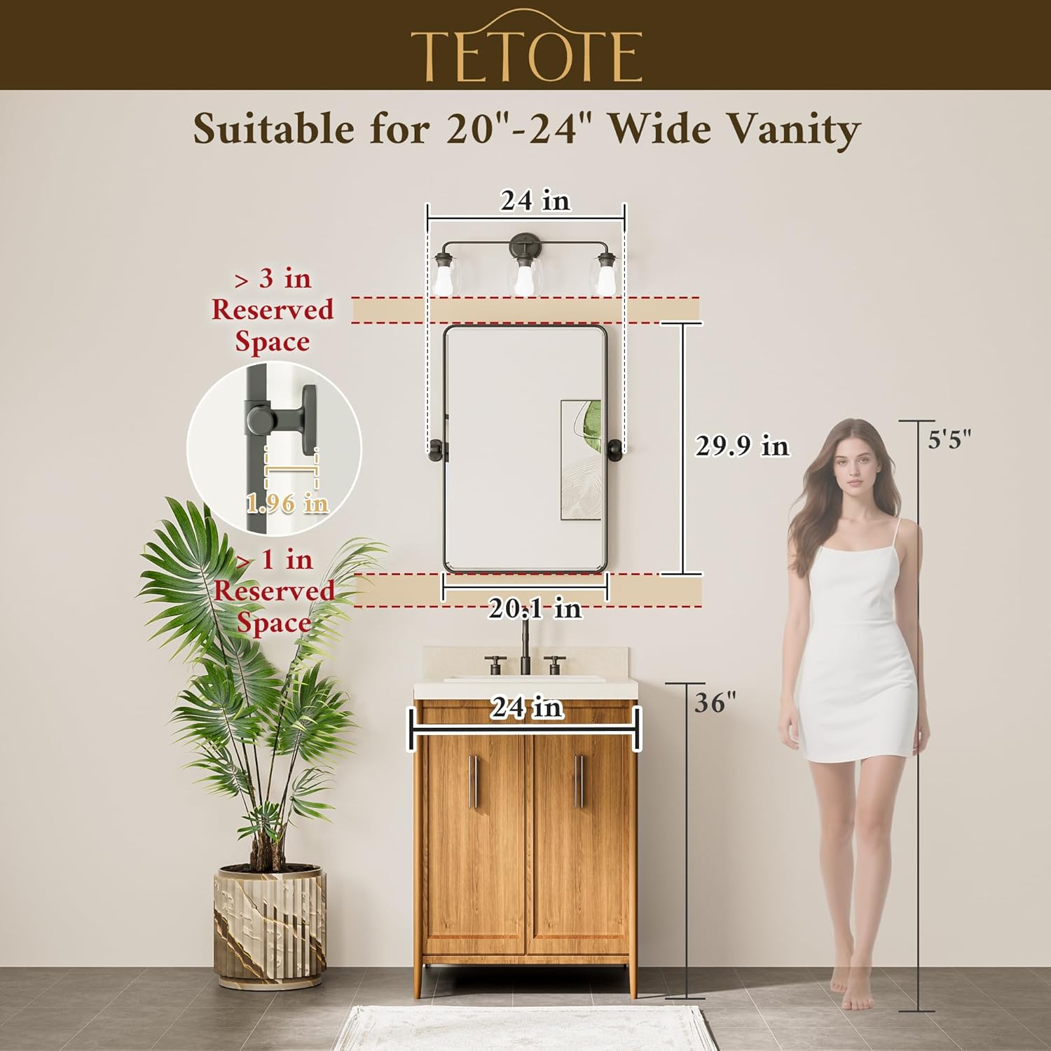 TETOTE Pivot Mirror - 20 x 30 Matte Black Rectangle Vanity Mirror | Adjustable Tilting Beveled Glass