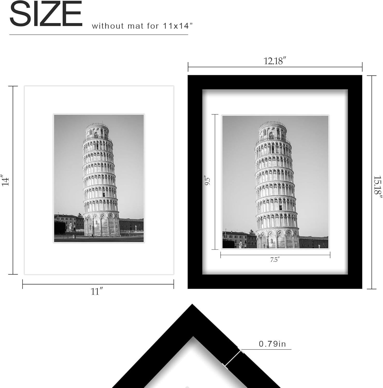 Wiscet 11x14 Picture Frame Set of 9 - Display 8x10 Photos with Mat or 11x14 Without Mat | Black Wall Mount & Tabletop