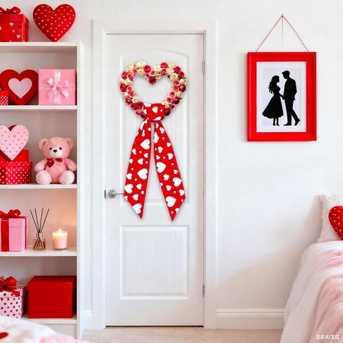 FYSUIMU Valentine's Day Wreath Sash - Red & White Heart Garland for Indoor/Outdoor Decor