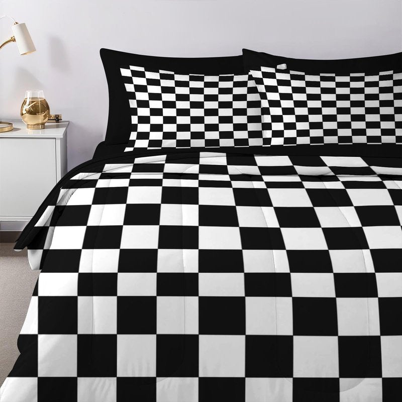 Nesker Comforter Set Twin Size, Black White Checkered 5 Pcs Bedding for Kids and Adults, Cute Retro Gingham Grid Bed Sheet Sets with Fitted Sheet Pillowcase & Sham