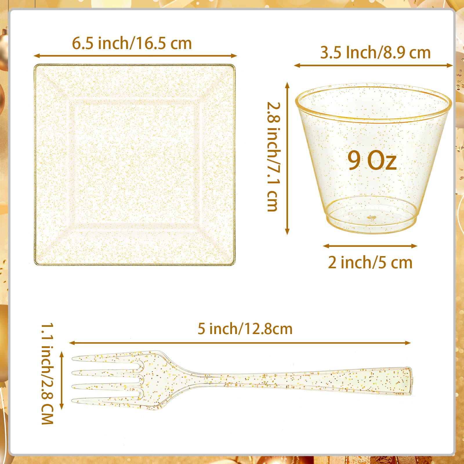 Mifoci 300 Pcs Gold Glitter Plastic Plates Set for Party 100 Pcs 6.5 Inch Plastic Plates with 100 Forks and 100 9 oz Cups for Wedding Party Halloween(Gold Glitter)