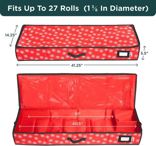 HOLDN' STORAGE Premium Wrapping Paper Storage Container - Durable 600D Tear-Proof Design | Fits 27 Rolls, Extra Pockets for Ribbons & Bows, Red/White Snowflakes