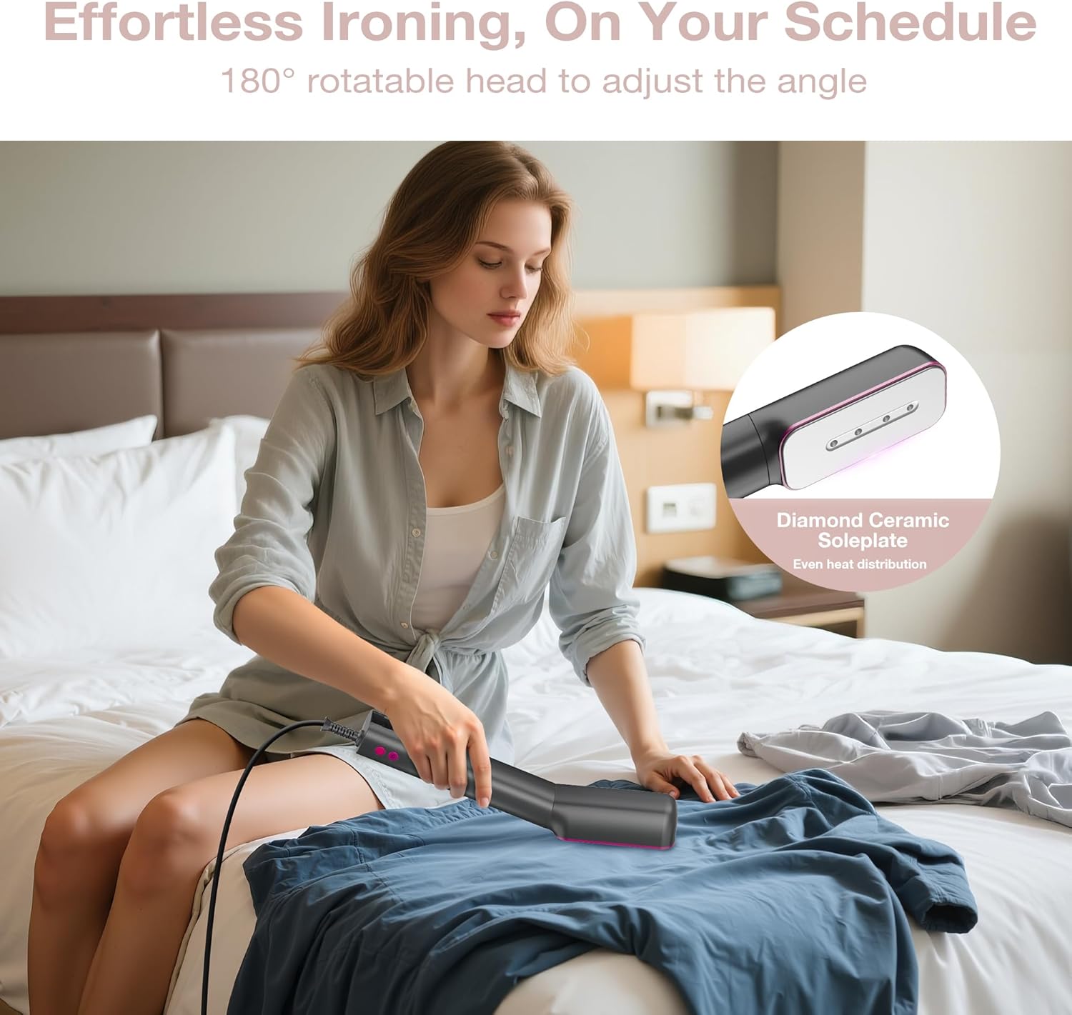 Newbealer 3-in-1 Travel Iron - Global Voltage Clothes Steamer & Dry Iron | Fast Heating, Auto-Off, Ash Pink