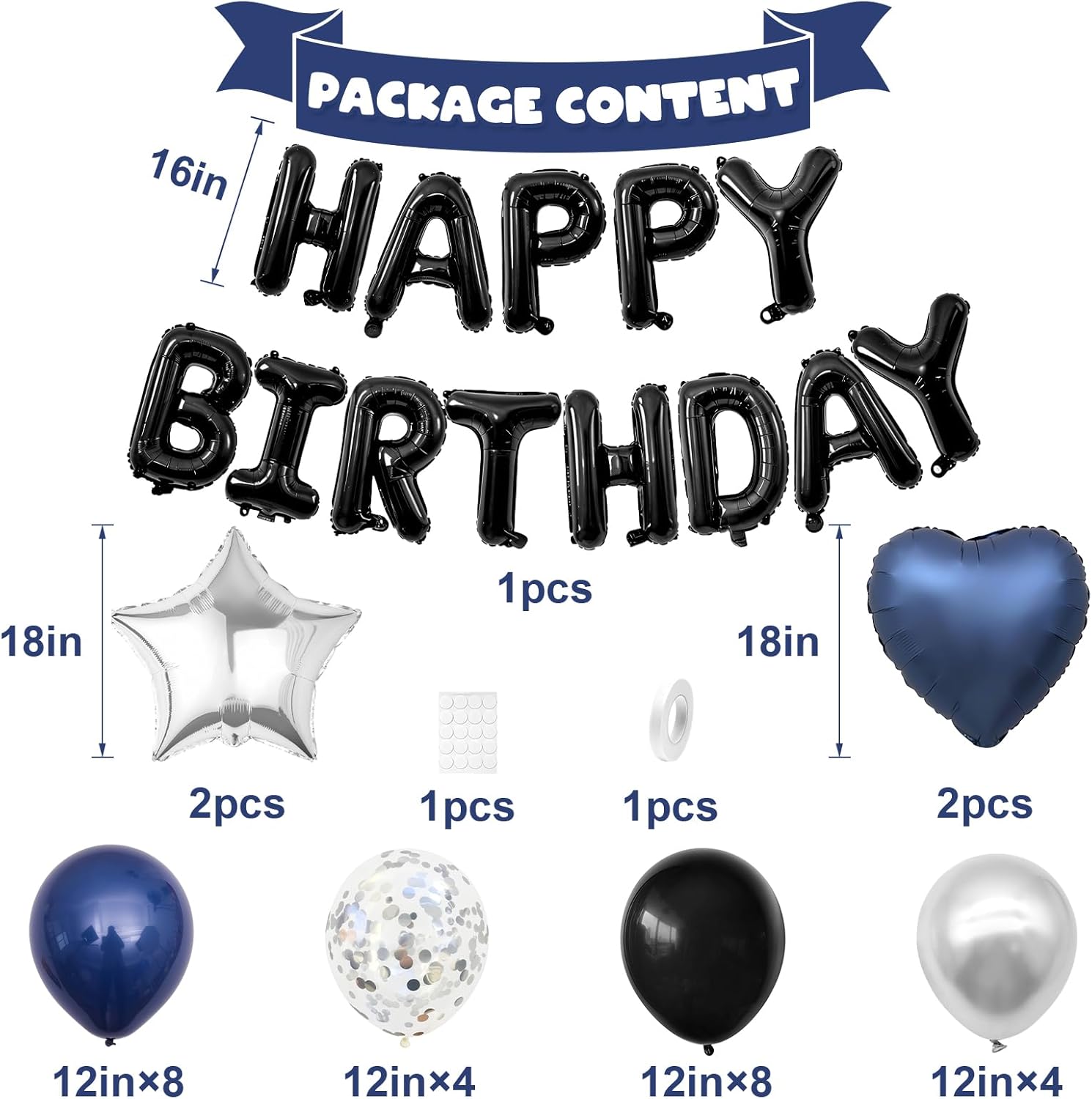 Skiennix Navy Blue & Black Birthday Decorations - Stylish Balloons & Banner Set for Men & Women