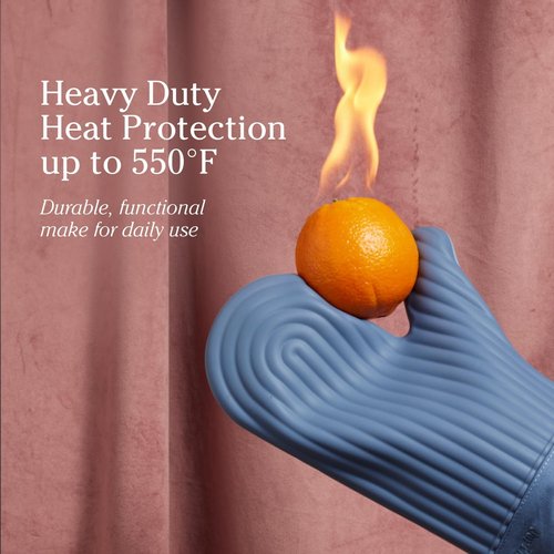 Hot Mitts Silicone & Cotton Twill Oven Mitts - Heat Resistant Up to 550°F | Set of 2 with Magnet & Loop | Blue Salt