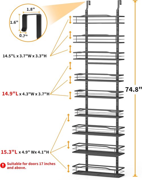 Moforoco 9-Tier Over The Door Pantry Organizer - Black Hanging Basket Spice Rack for Home & Kitchen
