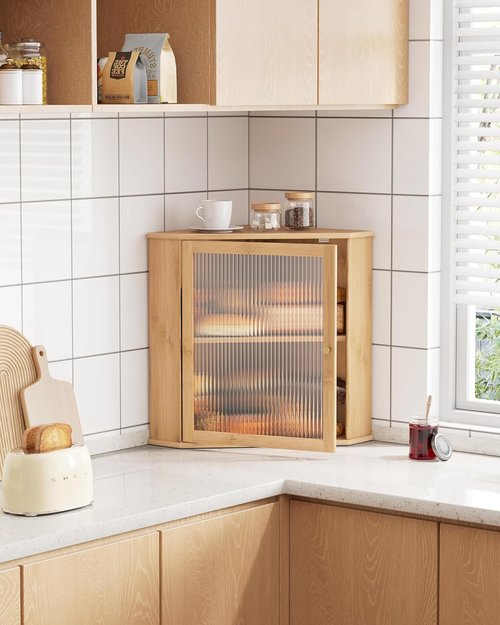 Kitsure Bread Box - 2-Tier Bamboo Kitchen Organizer with Magnetic Acrylic Door | 16.5" H for Fresh Bread Storage