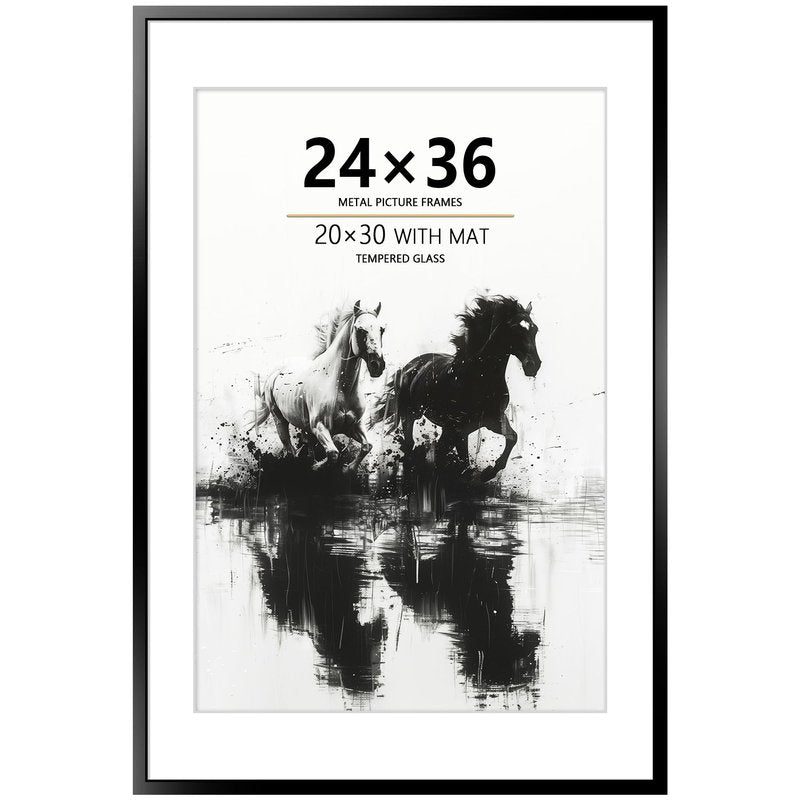 Tinkeps 24x36 Metal Poster Frame, 24 x 36 inches Aluminum Picture Frame with Mat for 20x30 Photo, Tempered Glass Cover, Black Wall Hanging Photo Frame for Home Décor