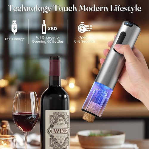 HomeHacks Electric Wine Opener - Automatic with Foil Cutter & Vacuum Stopper | Rechargeable Gift for Wine Lovers