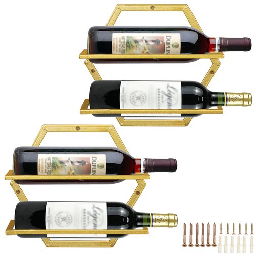 YALINKA 2Pcs Wall Mounted Wine Bottle Rack, Metal Hanging Wine Display Holder Organizer, Red Wine Racks for Home Kitchen Bar Decor Storage(Gold)