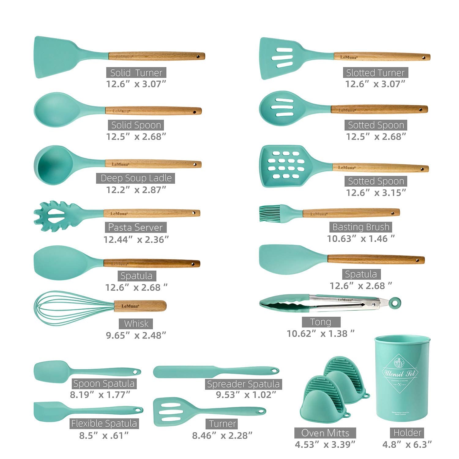 LeMuna Cooking Utensils Set, 18pcs Kitchen Silicone Utensils, Heat Resistant Non Toxic & BPA-Free with Holder & Wooden Handle, Home Essential Accessories, Teal(Turquoise)