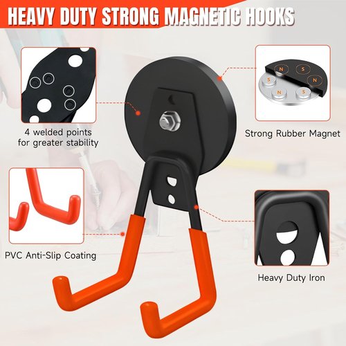 Magnetic Hooks 4 Pack - Heavy Duty Large Hooks with Anti-Slip Coating for Garage & Workshop