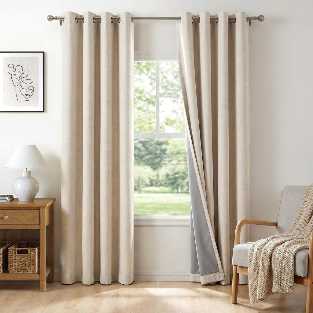 Skiennix 100% Blackout Linen Curtains - Thermal Insulated Drapes for Bedroom & Living Room | 50" W x 84" L, Oatmeal, 2 Panels