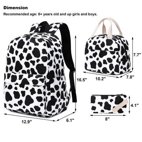 Mimfutu Cow Print School Backpack for Teen Girls, 3-in-1 Kids Backpack Bookbag Set School Bags with Lunch Box Pencil Case