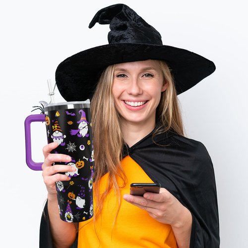 Ceovfoi 40 oz Halloween Gnome Tumbler, Insulated Stainless Steel Travel Mug, Gothic Halloween Gnome Decor Gift for Women