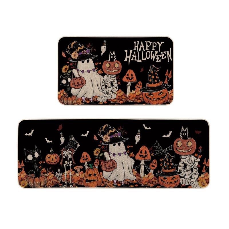 Moutina Happy Halloween Ghost Mushroom Pumpkin Skeleton Decorative Kitchen Rugs Set of 2, Halloween Holiday Party Home Decor Low-Profile Kitchen Mats for Floor - 17x29 and 17x47 Inch Black