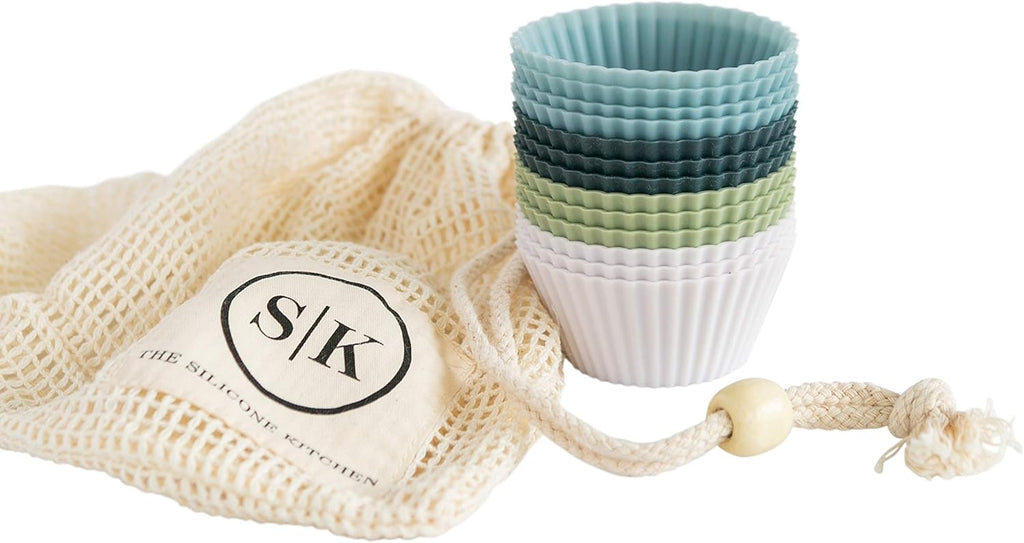 Skiennix Reusable Silicone Baking Cups - BPA-Free Muffin Liners | 12 Pack in White, Blue, Green