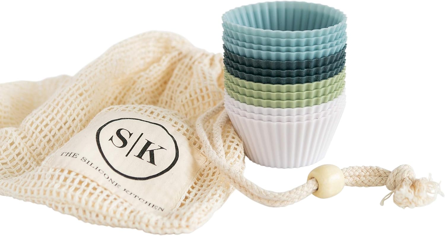 Skiennix Reusable Silicone Baking Cups - BPA-Free Muffin Liners | 12 Pack in White, Blue, Green