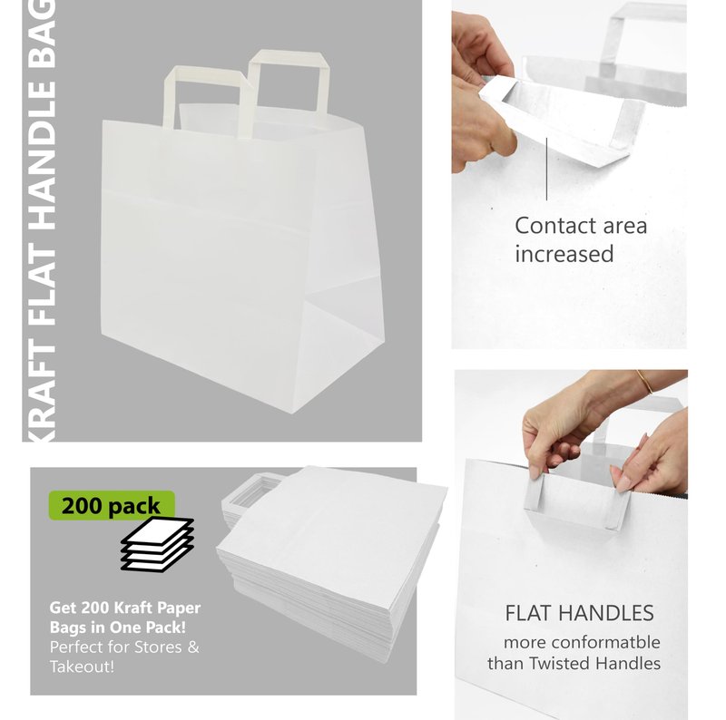 WIPRIME Paper Bag Model Key West of 200 White Kraft with Flat Handles – 10 1/4 x 6 11/16 x 11 Inches Durable, and Perfect for Retail, Grocery, Takeout,Gifts, and Food Packaging