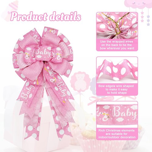 Montekin Large Baby Shower Bows - 20x11 Inch Wired Burlap Wreath Bow for Boys & Girls | Pink 2-Pack