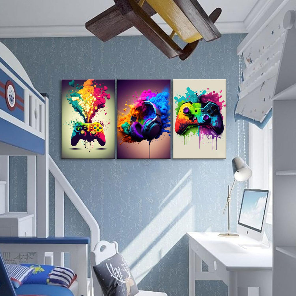 Skiennix Framed 3-Piece Game Room Wall Art - Neon Video Game Graffiti Posters | 12x16 Inch Decor