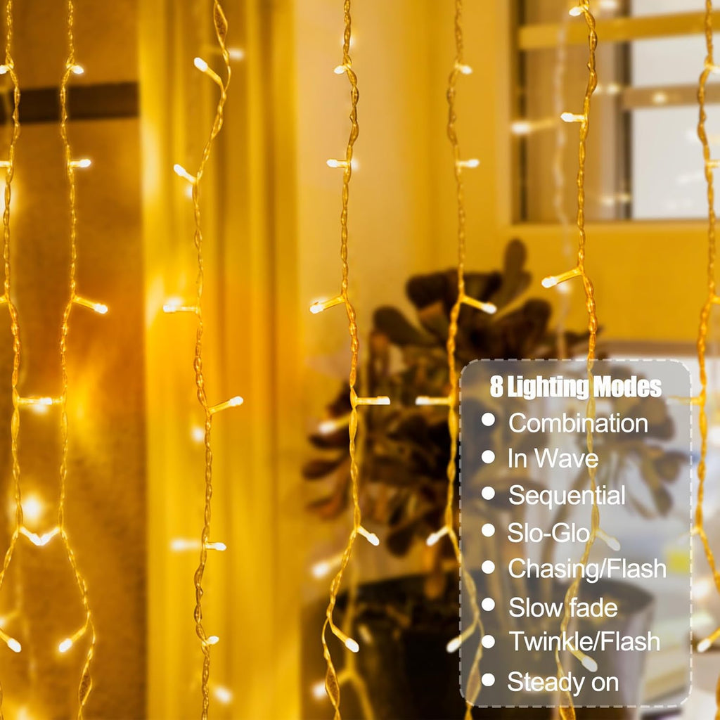Skiennix 300 LED Curtain Lights - Connectable Fairy Lights with 8 Modes for Indoor/Outdoor Decor | Warm White
