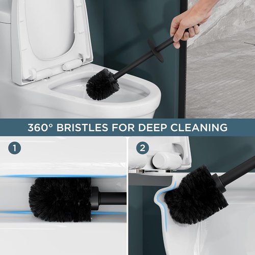 FORIOUS Toilet Brush Set - Heavy Duty 304 Stainless Steel Base with Long Handle & 2 Brush Heads | Black