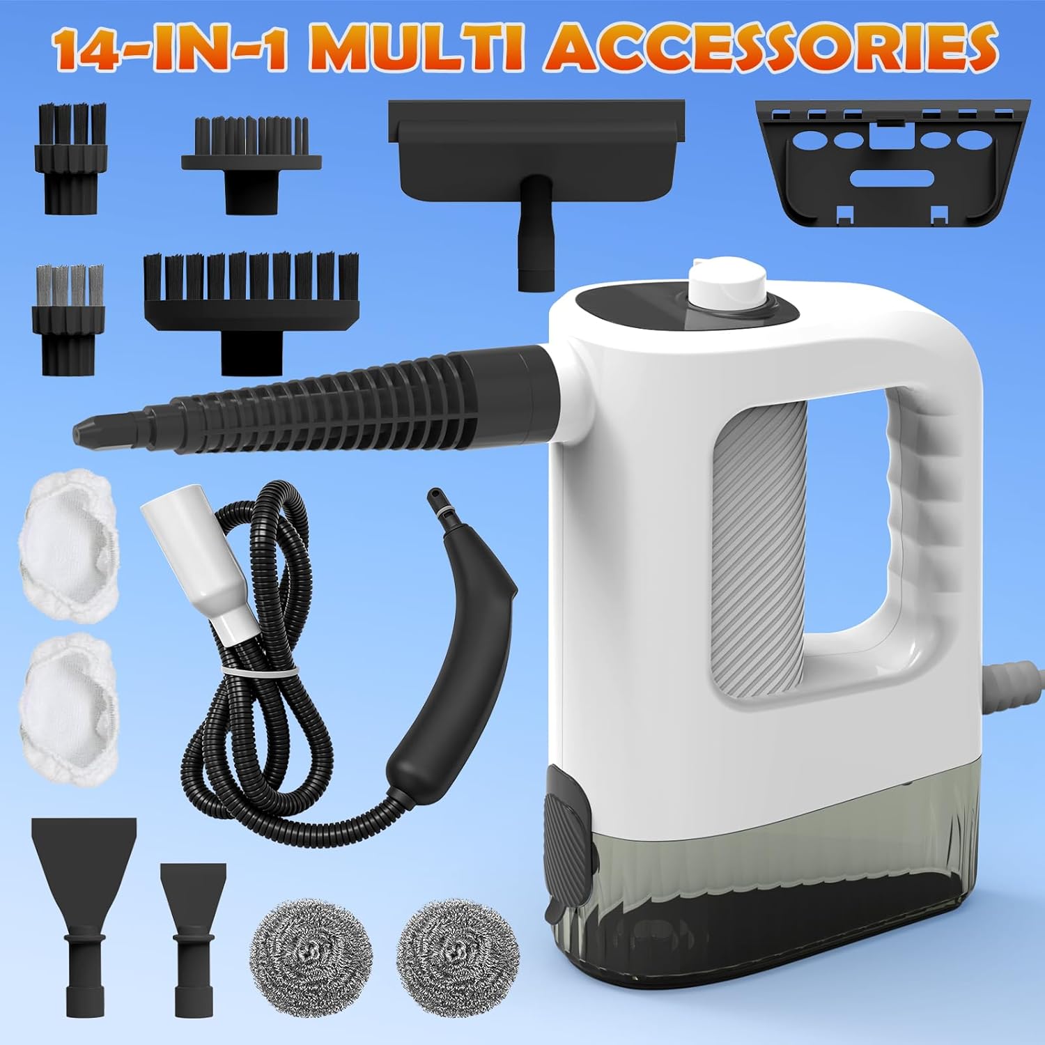 Skiennix Handheld Steam Cleaner - 3-Level Adjustable, 15s Heat-Up, 400ML Capacity | 14 Accessories Included