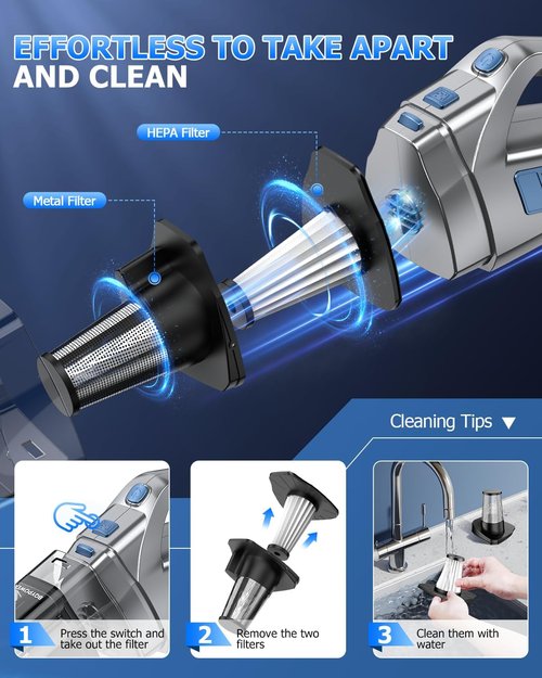 BQYPOWER Cordless Handheld Vacuum - 16000PA Strong Suction, Rechargeable with Accessories | Portable for Car & Home