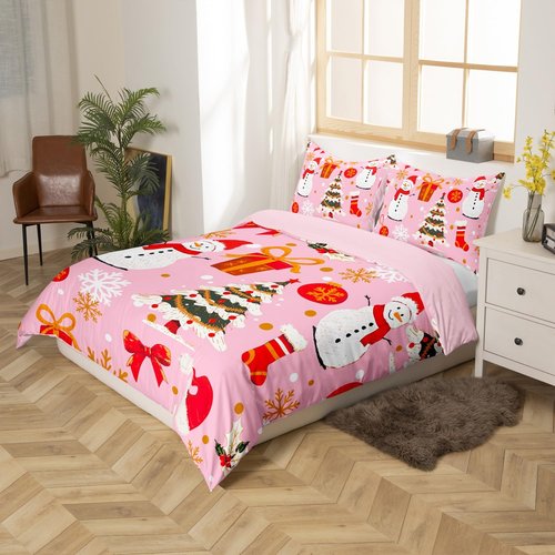 Pink Christmas Bed Sets Kawaii Xmas Tree Duvet Cover For Kids Boys Girls Winter Magic Snowflake Bedding Set Cute Snowman Comforter Cover Xmas Hats Girly Christmas Ornaments Bedroom Decor,3Pcs King