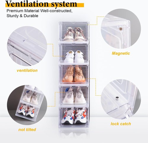 Attelite Shoe Box | Set of 6 Stackable Clear Organizers with Magnetic Door - Fits Up to US Size 12, Black