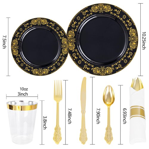 GATHER 350PCS Black and Gold Plastic Plates - Gold Disposable Dinnerware Set Include 50 Dinner Plates, 50 Dessert Plates, 150 Gold Plastic Silverware, 50 Napkins, 50 Cups for Wedding & Party