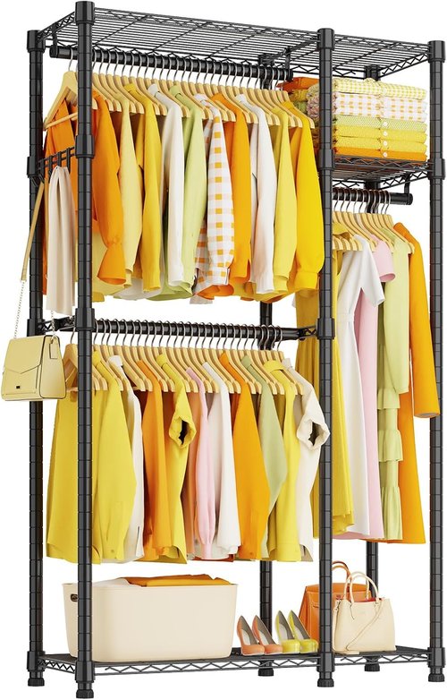 HYSEYY Heavy Duty Portable Closet - Adjustable Garment Rack with 4 Hanging Rods & Shelves | 73.6" L x 17.3" W x 76.4" H (Gray)