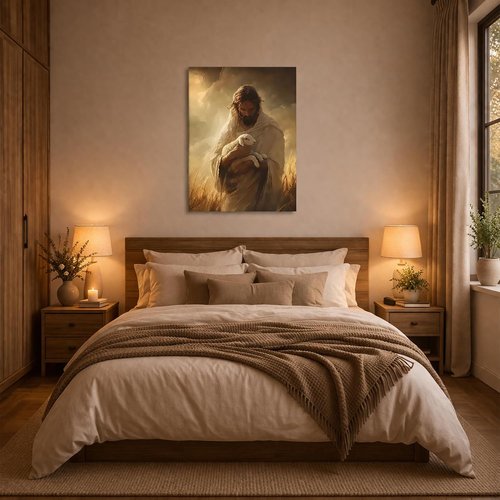 Jesus Holding Lamb Framed Canvas Wall Art - Christian Good Shepherd Painting for Home & Church | 12x16 Inch Ready to Hang