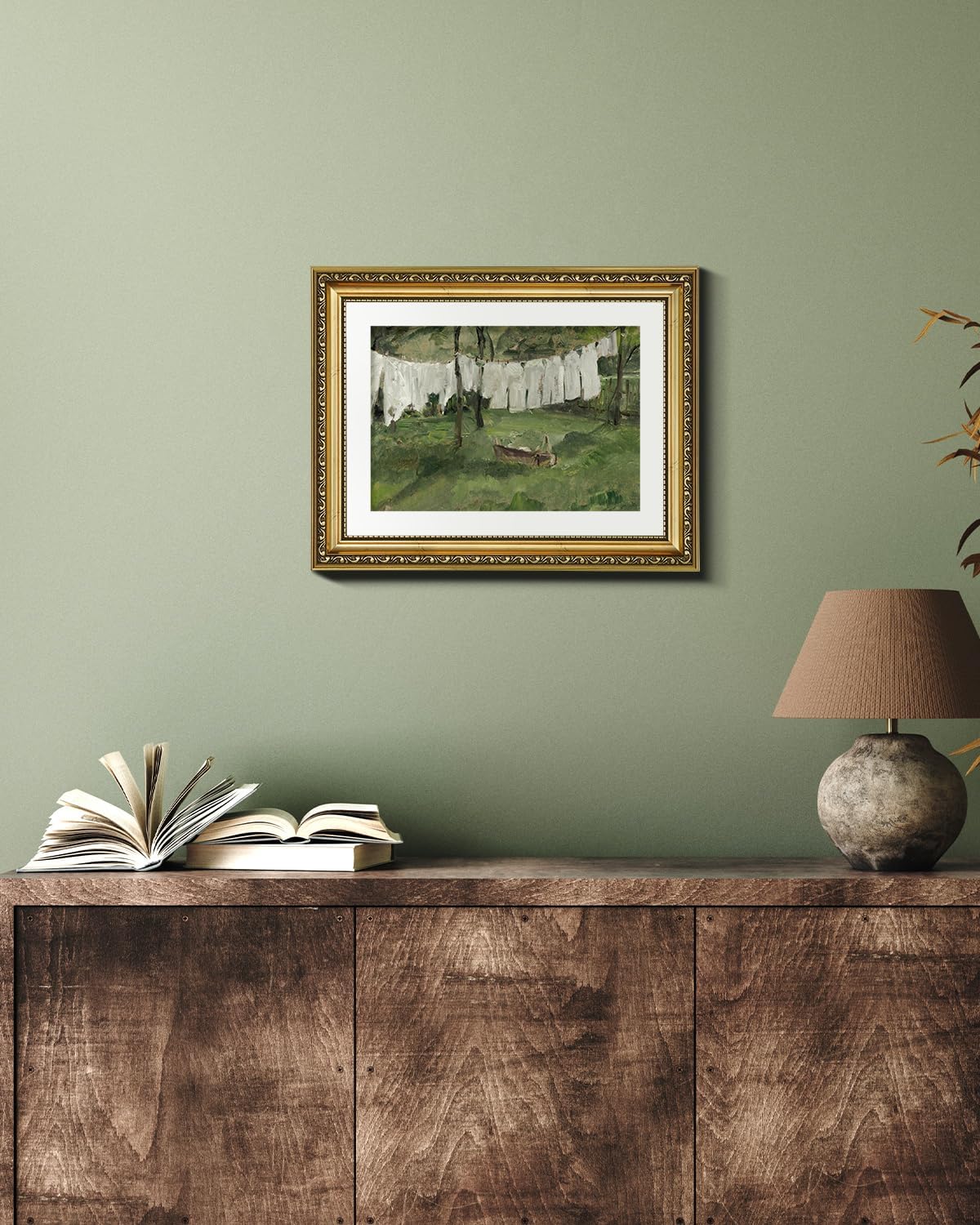 VIYYIEA Gold Framed Canvas Print - Vintage Laundry Room Art | Antique Green Landscape 11x14in