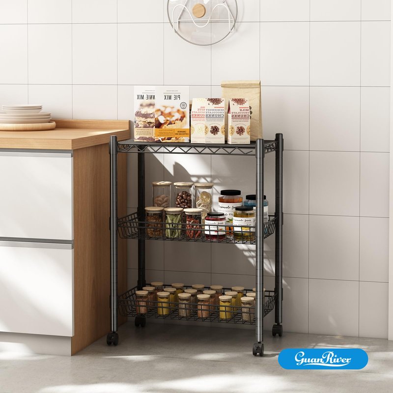 Guan River 3 Tier Rolling Cart Service Cart Wire Basket Shelf Storage Trolley Shelf 2 Bottoms for Choose(Castor or Leveling Feet) for Office,Kitchen,Black(23.23" L x 13.11" W x 32.28" H)