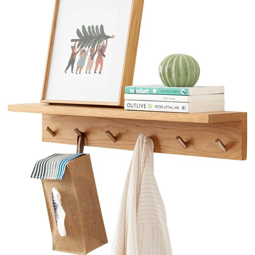 Rsuwiz Wall Hooks with Shelf Oak Wood Coat Rack Shelf Wall Mounted, Entryway Shelves with 6 Metal Hangers for Clothes Hats Towel for Bathroom, Bedroom, Living Room (Natural, 27.5 inches)