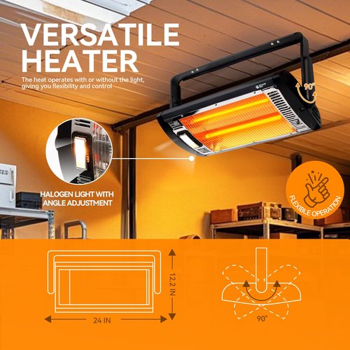 BEYOND HEAT Electric Garage Heater 120V, 750/1500W Ceiling Mount Space Heater for Garage, Shop, Patio with 90° Adjustable Tilt, Dual Quartz Radiant, Safety Metal Grille and Overheat Protection, 1-Pack