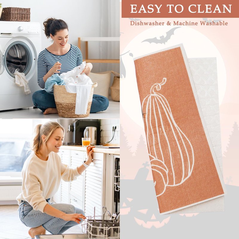 AnyDesign 6Pcs Halloween Swedish Dishcloths Ghost Pumpkin Skeleton Kitchen Dish Towels Reusable Washable Scary Cotton Kitchen Towels for Baking Cooking Home Kitchen Decor, 6.7 x 7.7 Inch
