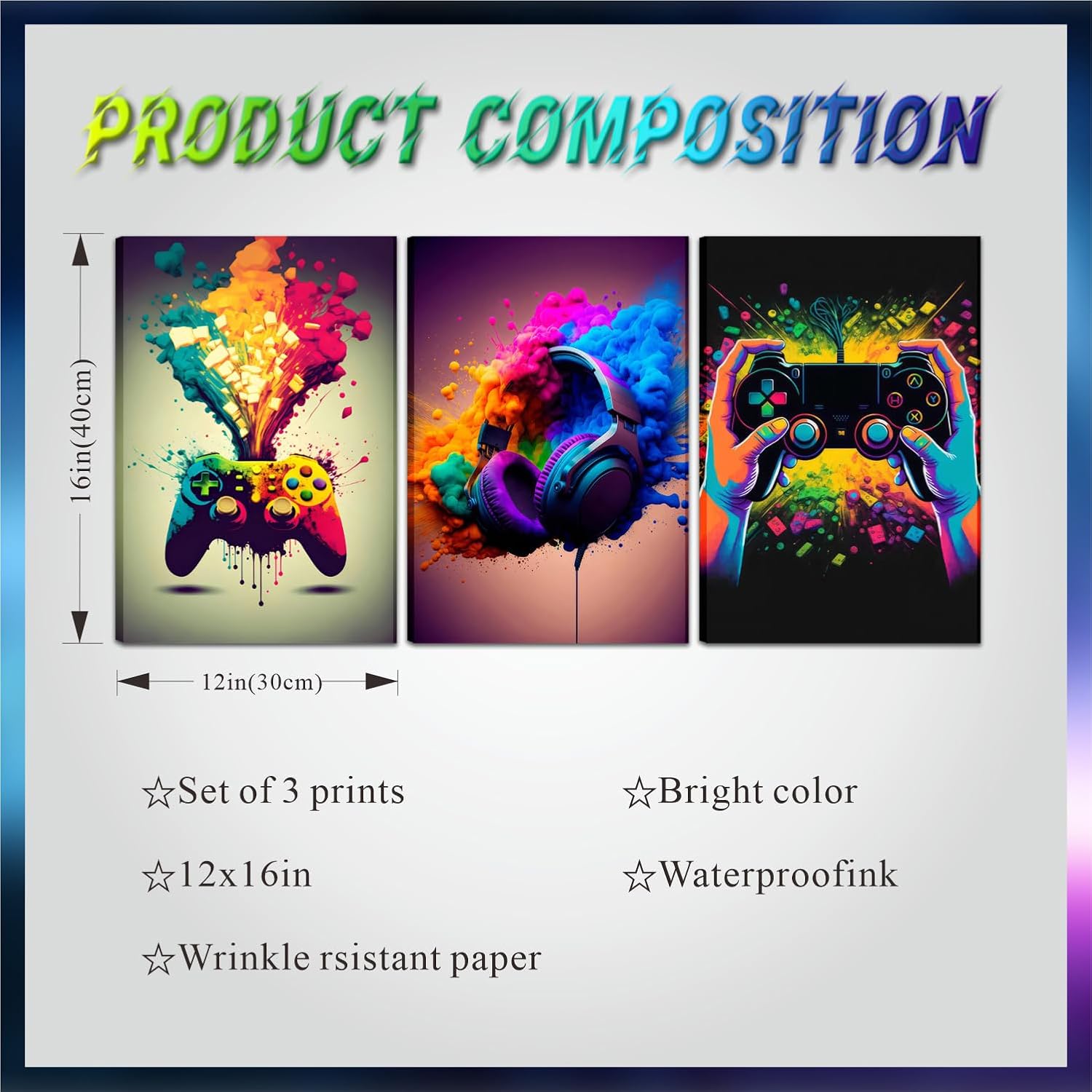 Skiennix Gaming Room Decor | Set of 3 Framed Canvas Posters - Video Game Controller Art for Boys' Bedrooms (16x24 in)