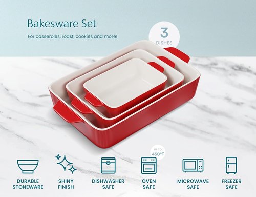 Kook Ceramic Bakeware Set - Rectangular Baking Dishes for Casseroles & Lasagna | Microwave & Dishwasher Safe, Set of 3 in Cherry
