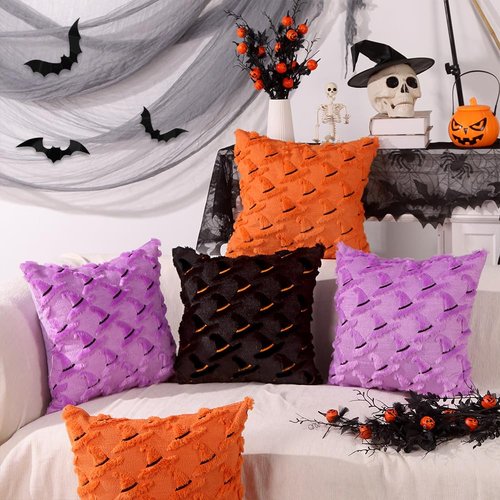 Heirloom Haven Halloween Witch Hat Pillow Covers Set of 2,Black Hat Soft Plush Faux Fur Jacquard Couch Cushion Case Holiday Farmhouse for Sofa Home Decor 18 x 18 Inch