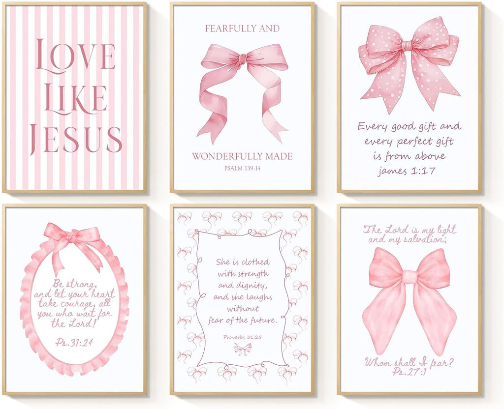 Skiennix 3-Piece Pink Bows Wall Art - Cute Bible Verse Decor for Girls' Rooms | 8x10 Inch Prints