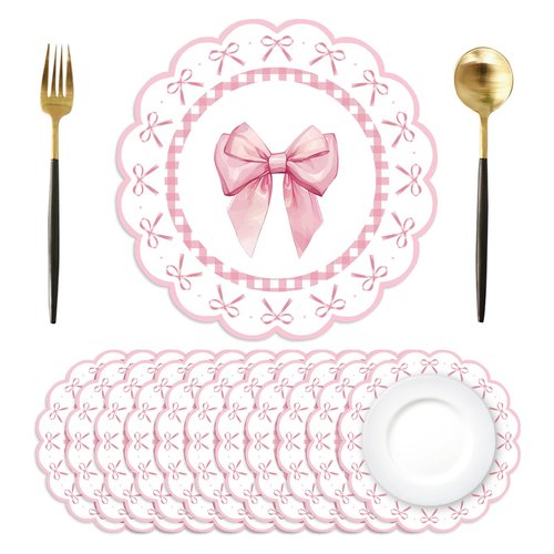 50 Pcs Pink Bow Paper Placemats 13.4 Inch Round Decorative Pink Bow Place Table Mats Disposable Placemats Mats for Table Setting for Bachelorette Bridal Shower Wedding Birthday Party Supplies