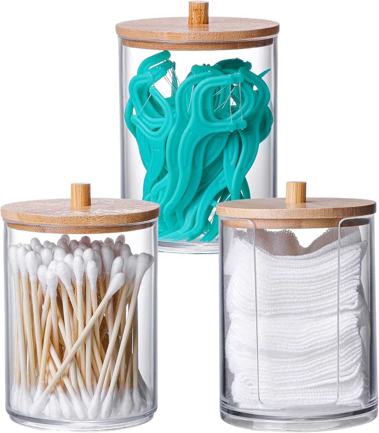 Skiennix Qtip Holder Set - 3 Pcs Clear Acrylic Containers with Bamboo Lid for Cotton Swabs & Pads | Bathroom Organizer