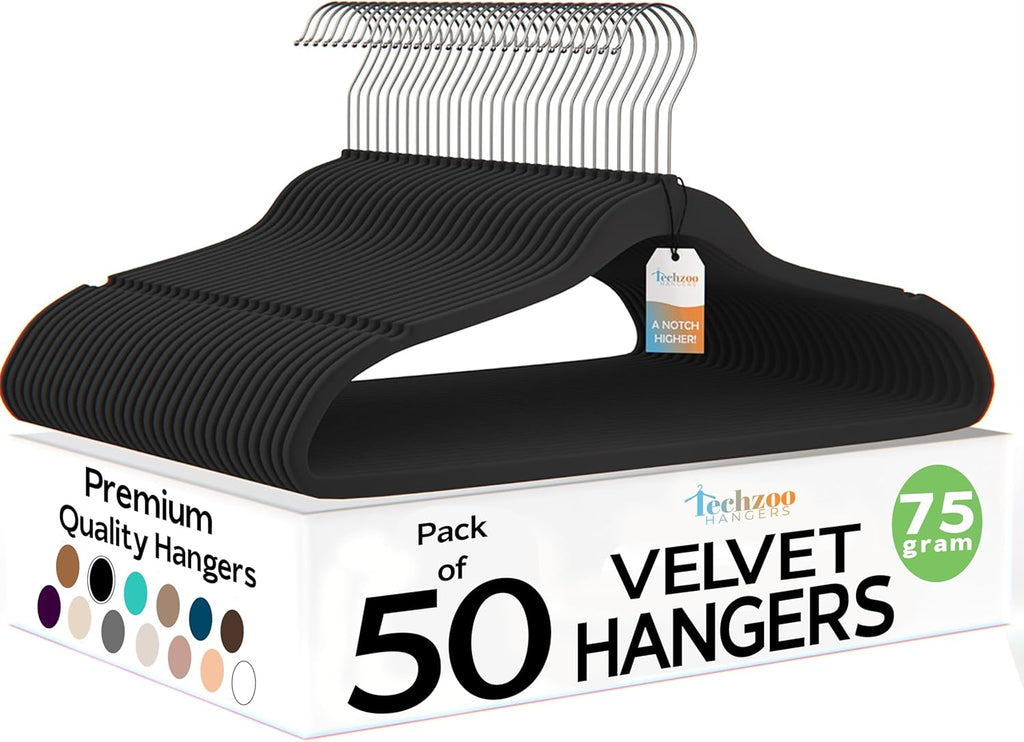 Techzoo Velvet Hangers - Ultra Thin Non-Slip Design for Space Saving | 50 Pack, Black, 360° Swivel Hook