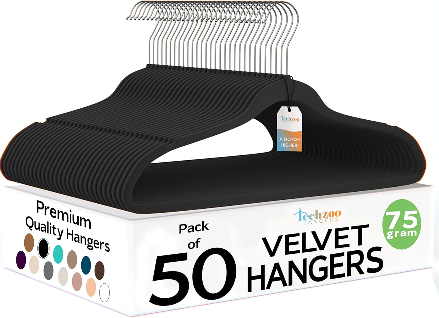 Techzoo Velvet Hangers - Ultra Thin Non-Slip Design for Space Saving | 50 Pack, Black, 360° Swivel Hook