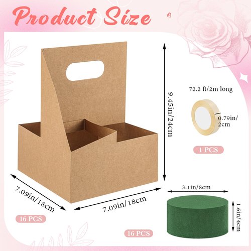 Reallnaive 18 Pack Mother's Day Gift 4 Cup Drink Carrier with Handle Floral Foam Set Kraft Coffee Carrier Holder Green Round Flower Foam Gift Cards for Teacher's Day Appreciation Party Favors